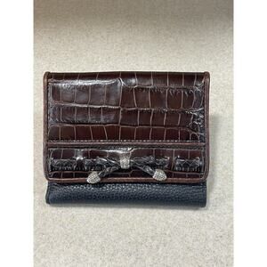 Brighton Leather Trifold Wallet Black/Brown Leather Croc Pattern-Bow Accents
